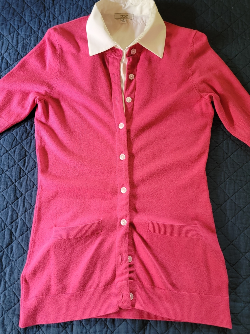 Cache Pink Long Button-Up Sweater with Contrast Collar